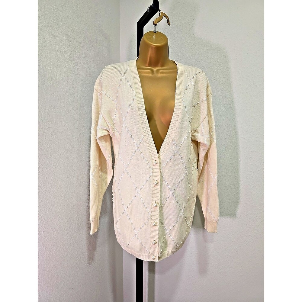 Robert Scott Long Cardigan Women's M Cream Lambswool Blend Cottage Beaded Pearls